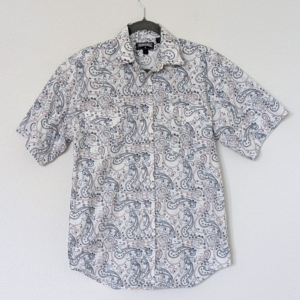 Panhandle Paisley Pearl Snap Shirt Mens S White Red Blue Western Short Sleeve